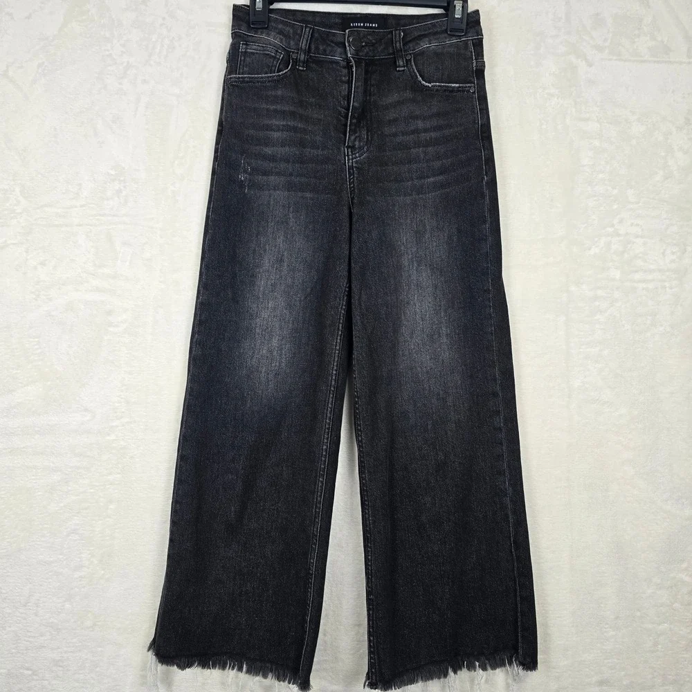 Risen Jeans Womens Washed Black High Rise Wide Leg Frayed Hem Denim RDP1025 3/26